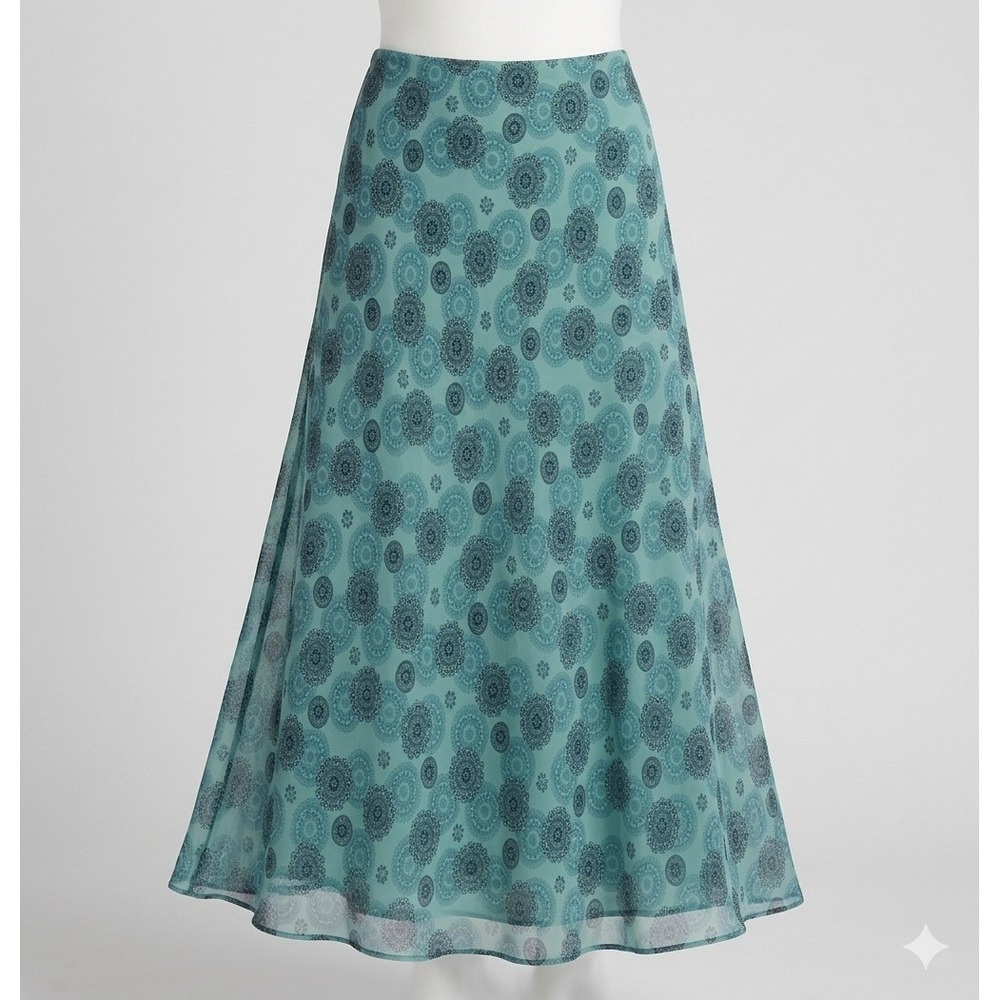 Perceptions Y2K Blue Medallion Print Chiffon Maxi Skirt L 14 Flowy Gauzy Grunge